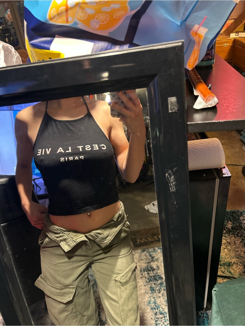 Brandy Melville Black Graphic Halter Crop Tank
